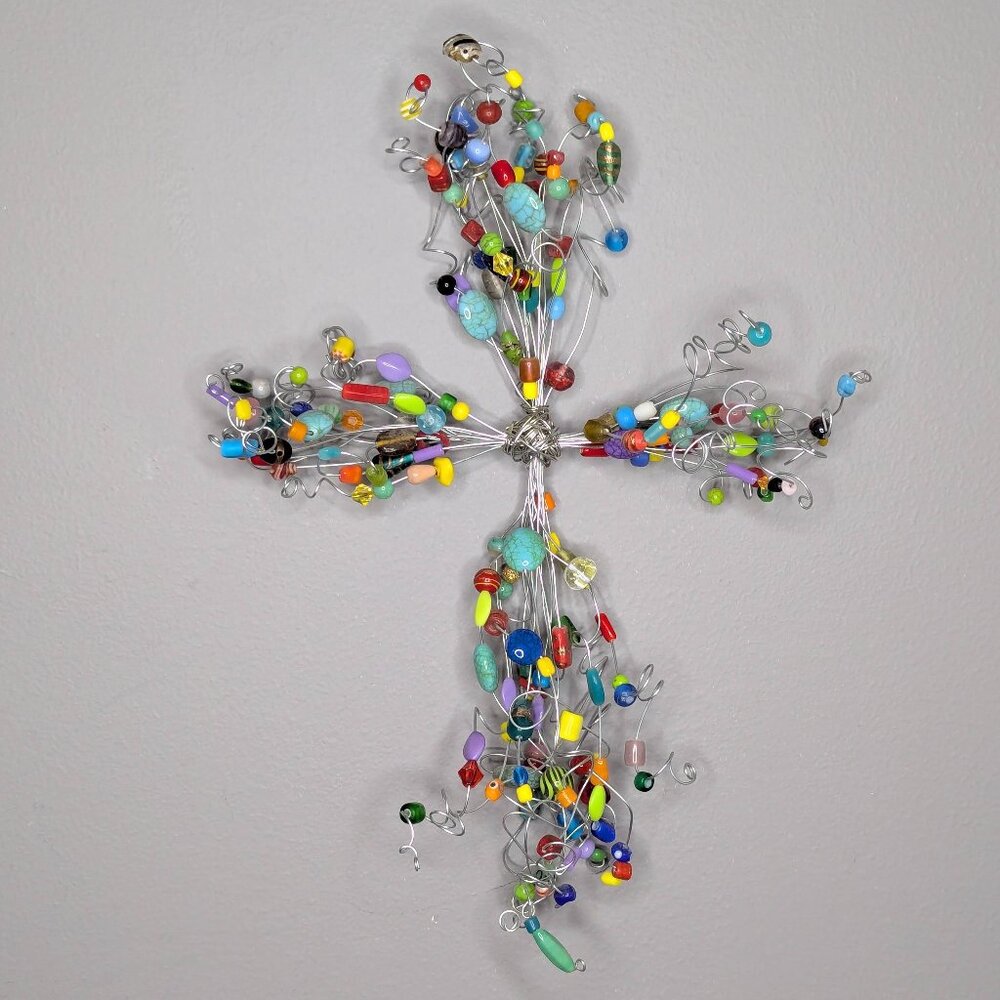 Colorful Beaded Silver Tone Wire Cross Wall Art 16" x 11"